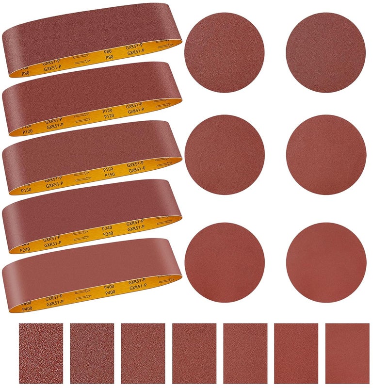 ONLYFU 4 x 36 Inch Alumina Sanding Belts (80/120/150/240/400 Grits) and 6 Grits 6-Inch Self Stick No Hole Sanding Disc 11PCS Set for Aluminum Oxide Sanders, Sandpaper for Wood Metal Stainless Steel - Image 1